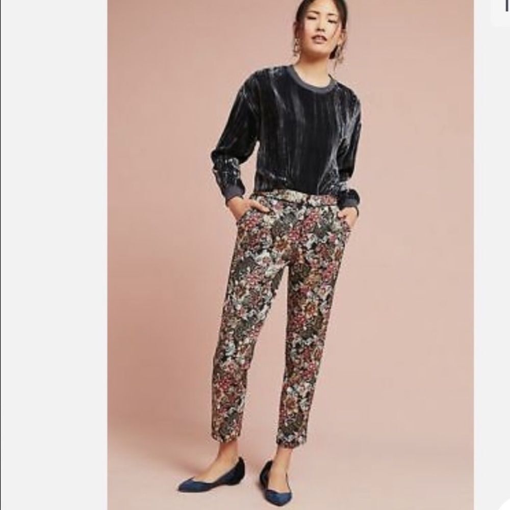 Maeve for Anthropologie Floral Metallic Cropped Trousers Size 2